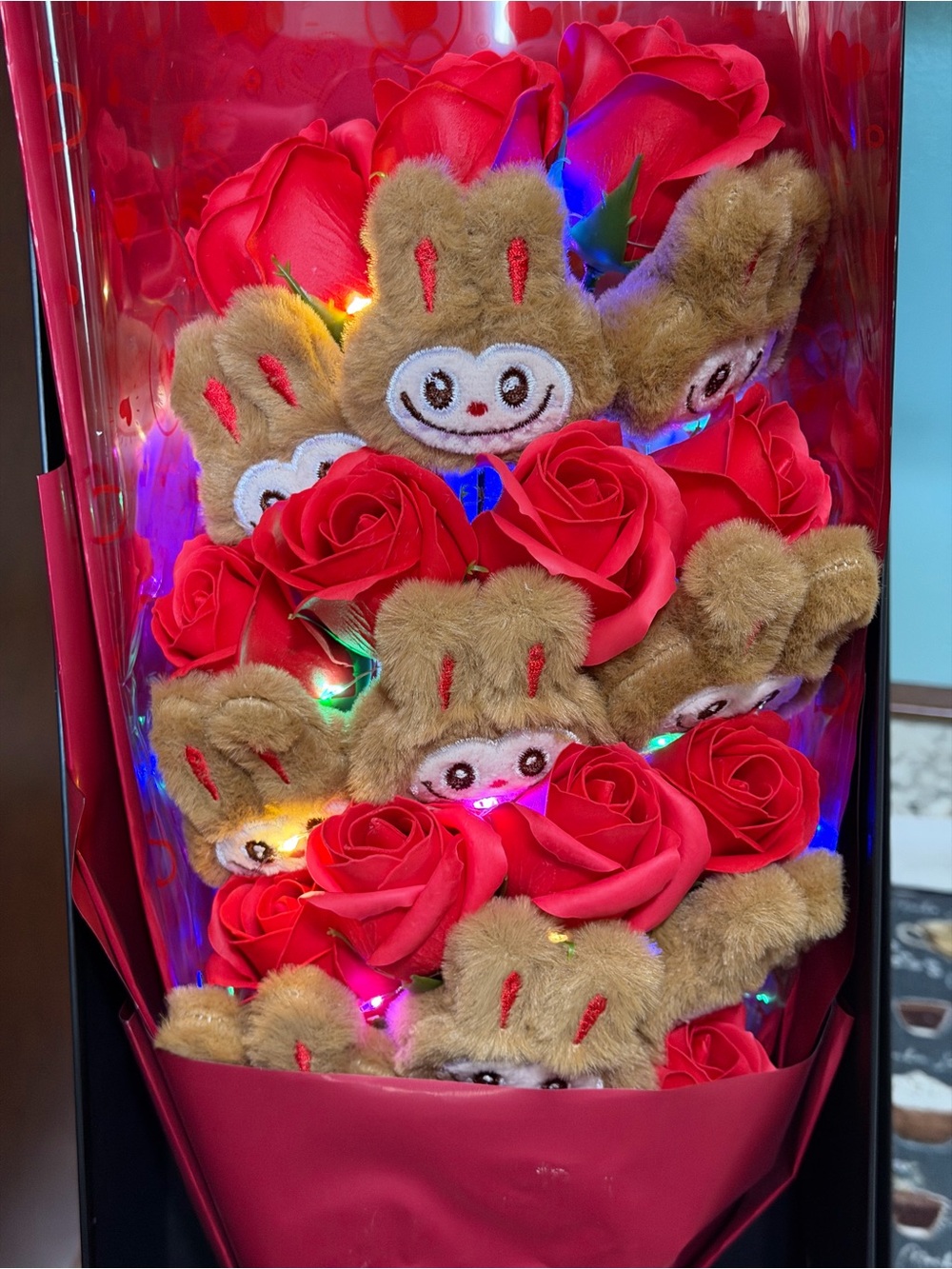 Plush Bunny & Red Rose Bouquet with LED Accents
